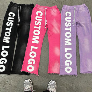 <span class=keywords><strong>Pantalones</strong></span> <span class=keywords><strong>de</strong></span> chándal personalizados <span class=keywords><strong>de</strong></span> felpa francesa gruesa, estilo urbano, con gráficos vintage, efecto desgastado, bordados, lavado ácido y corte acampanado. - Product Image 1