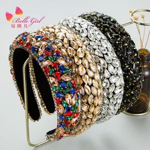 BELLEWORLD Craft Rhinestones Baroque Wide Headband women hair accessories Fashion Luxury Gemstone Elastic Hairband Jewelry Gift