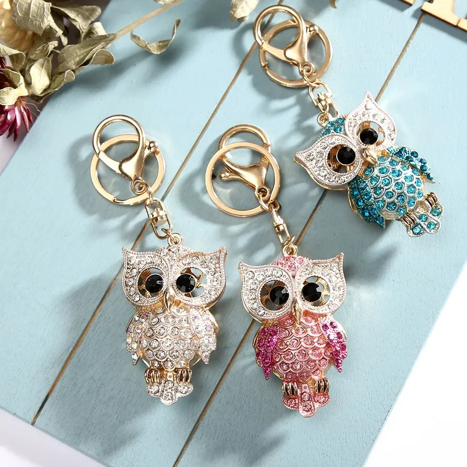 2023 New Crystal Keychain Pendant 5D Diamond Rhinestones Drill Owl Animal Keychain Keyring Woman Bags Decoration Gift
