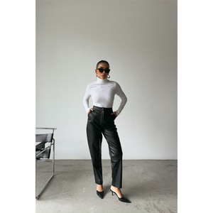 Pantalon en cuir droit taille haute noir en tissu PU pour femme - Product Image 1