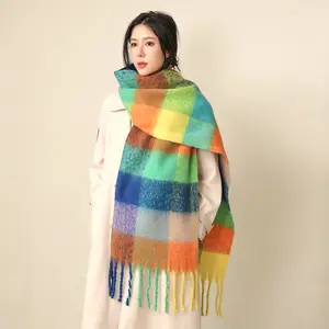 Ins moda büyük boy ekose kabarık kış eşarp pelerin akrilik dikdörtgen tıknaz saçak eşarp birçok renk seçenekleri