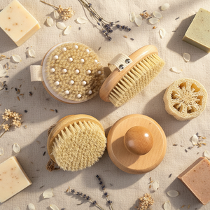 OEM Custom Logo Oval Simple Wooden Bamboo Body Scrubber Brush Vegan Sial Dry Skin Brushing Natural Massage Bath Sponge Loofah