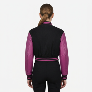 Chaqueta Varsity para Mujer, Negra, Cuerpo de Punto, Mangas de Cuero PU Rosa, Cierre de Botones, Cuello Camisero, Corta, para Otoño - Product Image 2