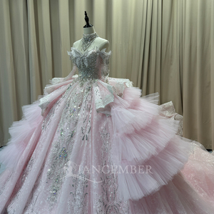 Vestido de Quinceañera Rosa Rubor MC045 con Hombros de Mariposa, Cuentas Plateadas, Brillo y Volantes, Vestido de Princesa para Fiesta de 15 Años Jancember - Product Image 4