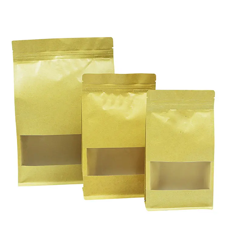 Embalaje de sellado para café y té, paquete resellable Doypack con cremallera, bolsa de pie, bolsas de papel Kraft marrón con ventana transparente, venta al por mayor