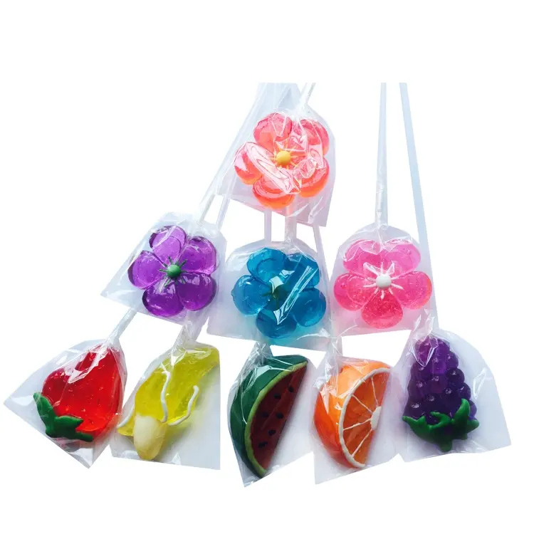 라이트 업 꽃 과일 모양 달콤한 하드 사탕 막대 사탕