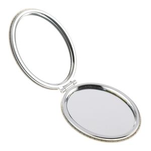Yellow Wood Grain PU Leather Oval <b>Compact</b> <b>Mirror</b> Silver Electroplated Metal Frame Folding Dual Sided Pocket Makeup Vanity <b>Mirror</b> - Product Image 2