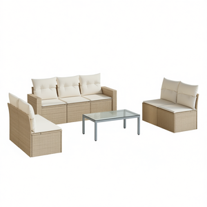 Ensemble de salon de jardin en rotin beige avec structure en acier et verre trempé, mobilier d'extérieur pour jardin, style contemporain, 6 places - Product Image 1