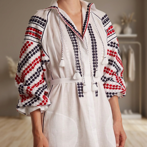 Robe en coton ethnique blanche à pois rouges et bleu marine, manches trois quarts, coupe ample, longueur midi, pour femme, tenue quotidienne d'été - Product Image 4