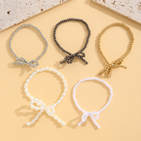 Ensemble de 5 bracelets perlés en fausses perles avec nœud papillon, or, argent, bronze, style bohème, extensibles, bijoux cadeau pour femmes