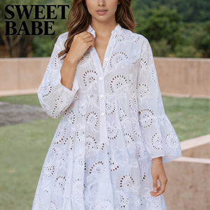 SWEET BABE ชุดเดรสผ้าฝ้ายลูกไม้สีขาวหรูหราสำหรับผู้หญิง |   ตัวเลือกไซส์พลัส |   เดรสทรงเอไลน์ปักลายตาไก่แบบไล่ระดับ - Product Image 1