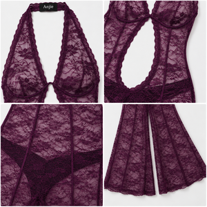 Anjie OEM ODM Womens Purple Sheer Lace Halter <strong>Jumpsuit</strong> Custom Private Label Plunge Flare Leg Beach Cover up Wholesale - Product Image 2