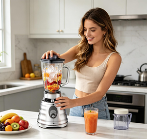 Licuadora <span class=keywords><strong>Oster</strong></span> Original de Mesa, Eléctrica, Cromada, Trituradora de Hielo, 450W, Jarra de Vidrio de 1.25L, Velocidad Variable, 3 Velocidades, Uso Doméstico y Hotelero - Product Image 1
