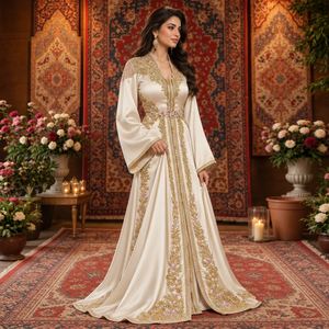 Caftan marocain en velours ivoire prune Mishkat Couture, broderie dorée à la main, col en V, longueur maxi, pour femmes musulmanes, tenue de soirée, hiver - Product Image 1