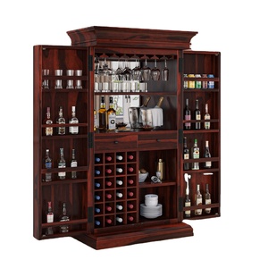 Wood Furniture Luxury Solid Teak Iron Tall <b>Bar</b> <b>Cabinet</b> Antique Design Wine Bottle Rack Mirror Storage Fixed Doors Solid Teak - Product Image 1