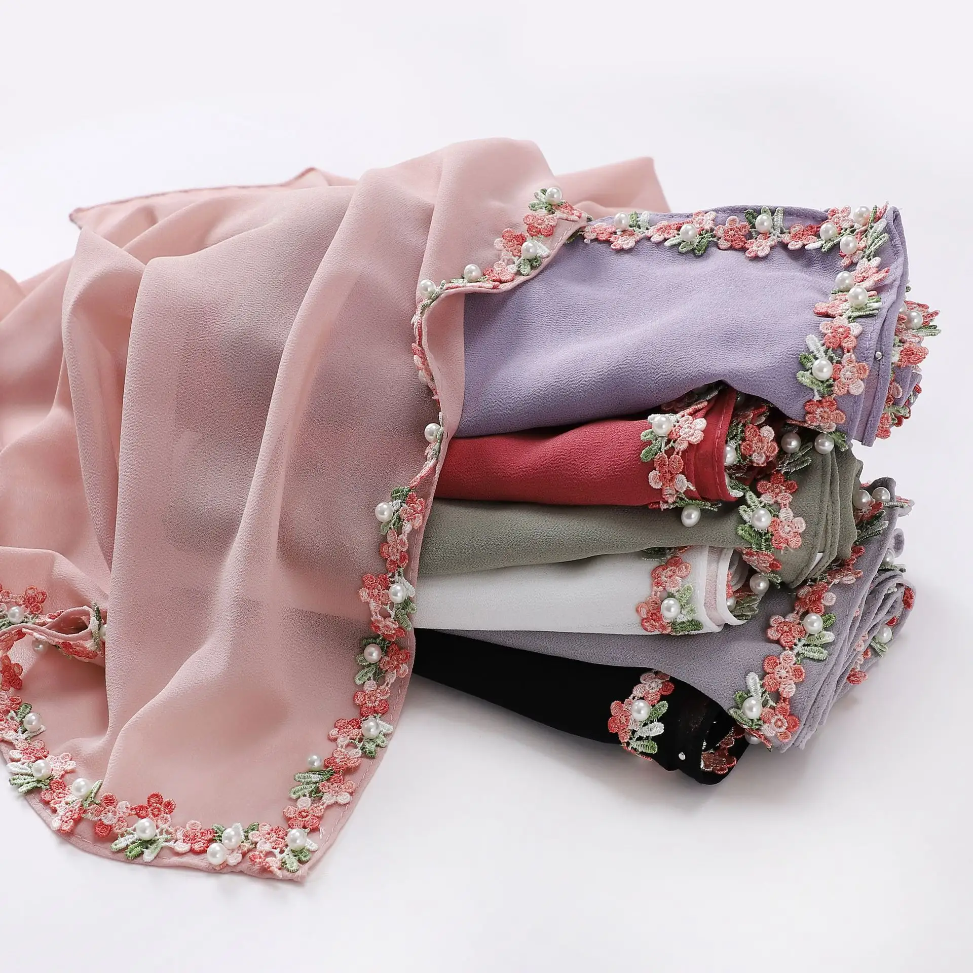 HZW-23035 Mulheres Bordados Flor Borda Chiffon Lenço Xaile Casamento Hijab