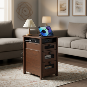 Table de chevet style farmhouse à 2 tiroirs avec ports USB, plateau en bois, meubles modernes pour chambre à coucher et salon - Product Image 2