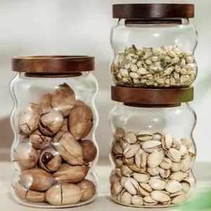 Glass Storage Pot Coffee Bean Container Transparent Glass Storage Pot Wooden Cover Glass Jars And Containers