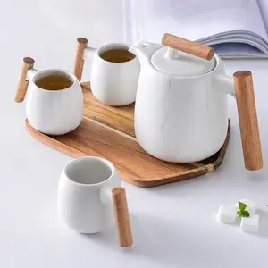 Bule para bebidas nórdico, bule para café criativo simples com cabo de madeira, conjunto de utensílios para bebidas de cerâmica