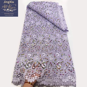 Tela de Encaje Guipur Africano Rosa <span class=keywords><strong>Fucsia</strong></span> con Bordado Floral Paisley y Pedrería Multicolor para Vestidos Nigerianos Aso Ebi - Product Image 3