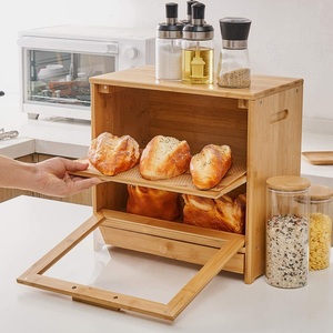 Cucina Vintage scatola di pane di bambù 2 strati di grande capacità di cibo multifunzione contenitore di legno pane contenitore con finestra di <span class=keywords><strong>vetro</strong></span> - Product Image 2