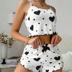 Ensemble de pyjama d'été tricoté 100 % polyester pour femme, imprimé HD, 2 pièces, débardeur court et short, logo frontal, taille élastique - Product Image 4