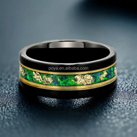 Bague en tungstène noir 8 mm avec émeraude verte, incrustation de feuille d'or malachite, ligne dorée plate, alliance pour homme