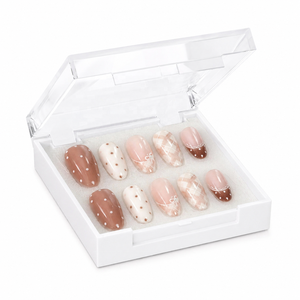Ongles press-on marron café mignons, motif pois, design brillant, faux ongles amande, ongles artificiels, ongles press-on designés - Product Image 2