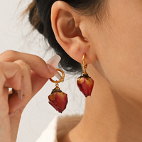 Anting Hoop Vintage Lapis Emas 18K Anti Air dari Baja Tahan Karat, Anting Bunga Mawar untuk Wanita Sehari-hari