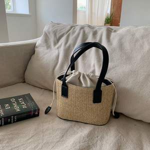 Straw Woven <b>Mini</b> Tote <b>Bag</b> Drawstring Closure Soft Weaving Summer Women's Handbag Casual Everyday Use Apricot Brown <b>Black</b> - Product Image 2