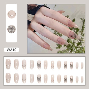 24 faux ongles ovales moyens en ABS, nude scintillant, avec motif papillon noir, à presser, vente en gros - Product Image 2