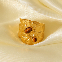 H&C Fashion 18K Vergoldeter Edelstahl Natürlicher Stein Fassungssatz Ovaler Breiter Bandring Damen Trendiger Party Wasserdichter Ring