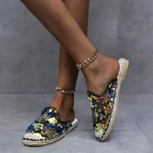 LX-293 2021 Vintage Slip-On Hemp Rope Dệt Rơm Giày Đế Ngư Dân Sequin Ren Nửa Dép Cho Phụ Nữ Với Ngón Chân Che