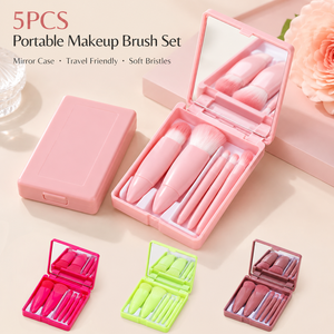 Offre Spéciale – Trousse de Pinceaux de <span class=keywords><strong>Maquillage</strong></span> Portable 5 Pièces en Poils Synthétiques Doux avec Miroir Pliant, Idéale pour les Voyages, Personnalisable avec Logo, Coffret Cadeau - Product Image 1