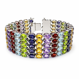 925 Sterling Silver Rhodium Multi <b>Gemstone</b> Wide <b>Bracelet</b> with Amethyst Blue Topaz Peridot Iolite Citrine and Garnet - Product Image 5