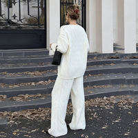 Ensemble Femme Tricot Uni Confortable Souple Col V Torsade Pull Soufflant Pantalon Droit
