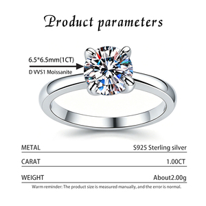S925 Sterling Silver D VVS1 1CT Moissanite <b>Ring</b> Four Prong <b>Plain</b> Smooth Shank Solitaire Engagement <b>Ring</b> With GRA Certificate - Product Image 4