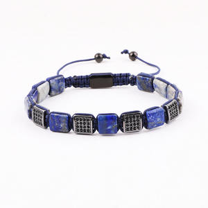 Bracelet d'<span class=keywords><strong>amitié</strong></span> tressé pour homme avec pierres naturelles œil <span class=keywords><strong>de</strong></span> tigre et <span class=keywords><strong>lapis</strong></span>-<span class=keywords><strong>lazuli</strong></span> <span class=keywords><strong>de</strong></span> forme carrée 8x8mm pour la création <span class=keywords><strong>de</strong></span> bijoux - Product Image 2