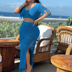 Women's Casual Sexy <b>Split</b> Woolen Hand Crochet Knit Tassel Top <b>Skirt</b> 2 Piece Set Fashion - Product Image 3