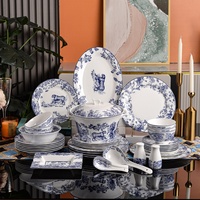 Service de table élégant bleu Tigre 58 pièces, style européen, en porcelaine fine émaillée, bols, assiettes et plats haut de gamme