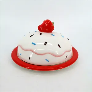 New idea products round ceramic hand painting cute ice cream cake Butter Dish with strawberry lid cover