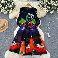 Robe plissée évasée à manches longues bouffantes imprimées style A pour femme, idéale pour le quotidien et les soirées