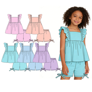 Preventa al por mayor: Conjunto de 2 piezas de algodón orgánico sólido con estampado festivo para niñas, ropa de verano cómoda y bonita para bebés, MOQ 5 - Product Image 1