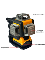Niveau laser vert 3D 12 lignes, auto-nivelant à 360 degrés, lignes croisées, qualité industrielle, alimenté par batterie au lithium, largeur de ligne de 2 mm pour