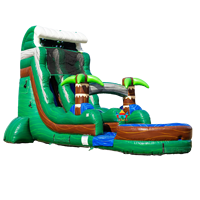 Toboggan aquatique gonflable Jungle Tropicale Palmier avec toit ondulé texture bois vert pour location de fête estivale