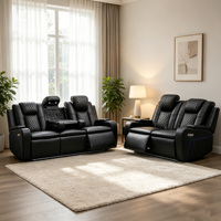 Conjunto de Sofá Reclinable Eléctrico de 3+2+1 Plazas con Luces LED, Portavasos, Mesa Abatible, Tapizado en Tela Moderna y Estructura de Madera para Cine en Casa