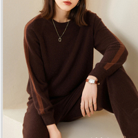 Set Sweater & Celana Panjang Wanita Motif Bunga Kasual Bahan Kasmir Dua Potong Kerah Bulat Musim Gugur