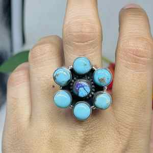 Bague de déclaration en pierre précieuse turquoise naturelle grande pierre de naissance ovale de décembre Style Boho bijoux en argent empilables - Product Image 2