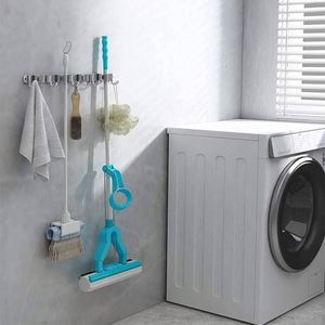 Modern Grey SUS304 Stainless Steel No-Punching Mop <b>Broom</b> <b>Holder</b> <b>Wall</b> <b>Mount</b> Non-Folding Multiple Hooks Silicone Storage - Product Image 1