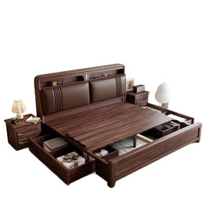 Cama Doble <span class=keywords><strong>de</strong></span> Madera Maciza <span class=keywords><strong>de</strong></span> Nogal con Cabecera Tapizada y Espacio <span class=keywords><strong>de</strong></span> Almacenamiento, Estilo Chino Moderno, 1.5m X 2m, Marca LS - Product Image 5